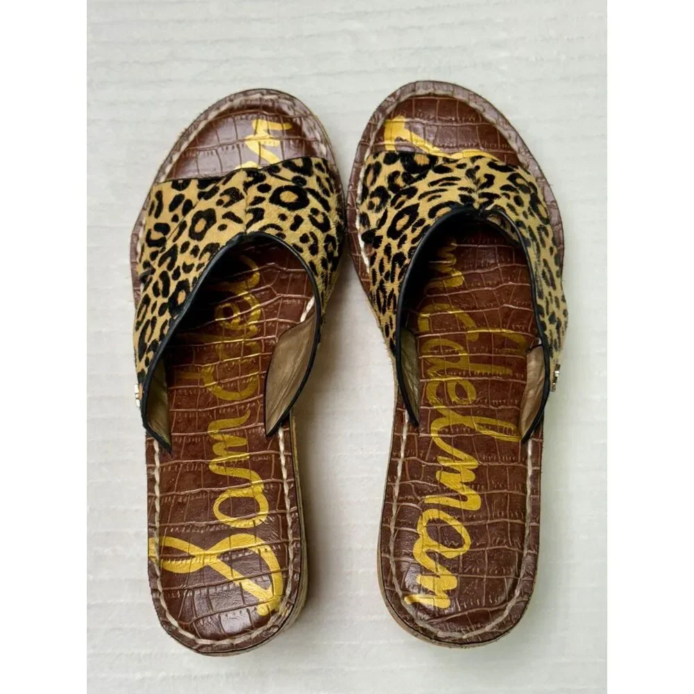 SAM EDELMAN Remini Leopard Calf Hair Cork Wedges, Sz 7.5M